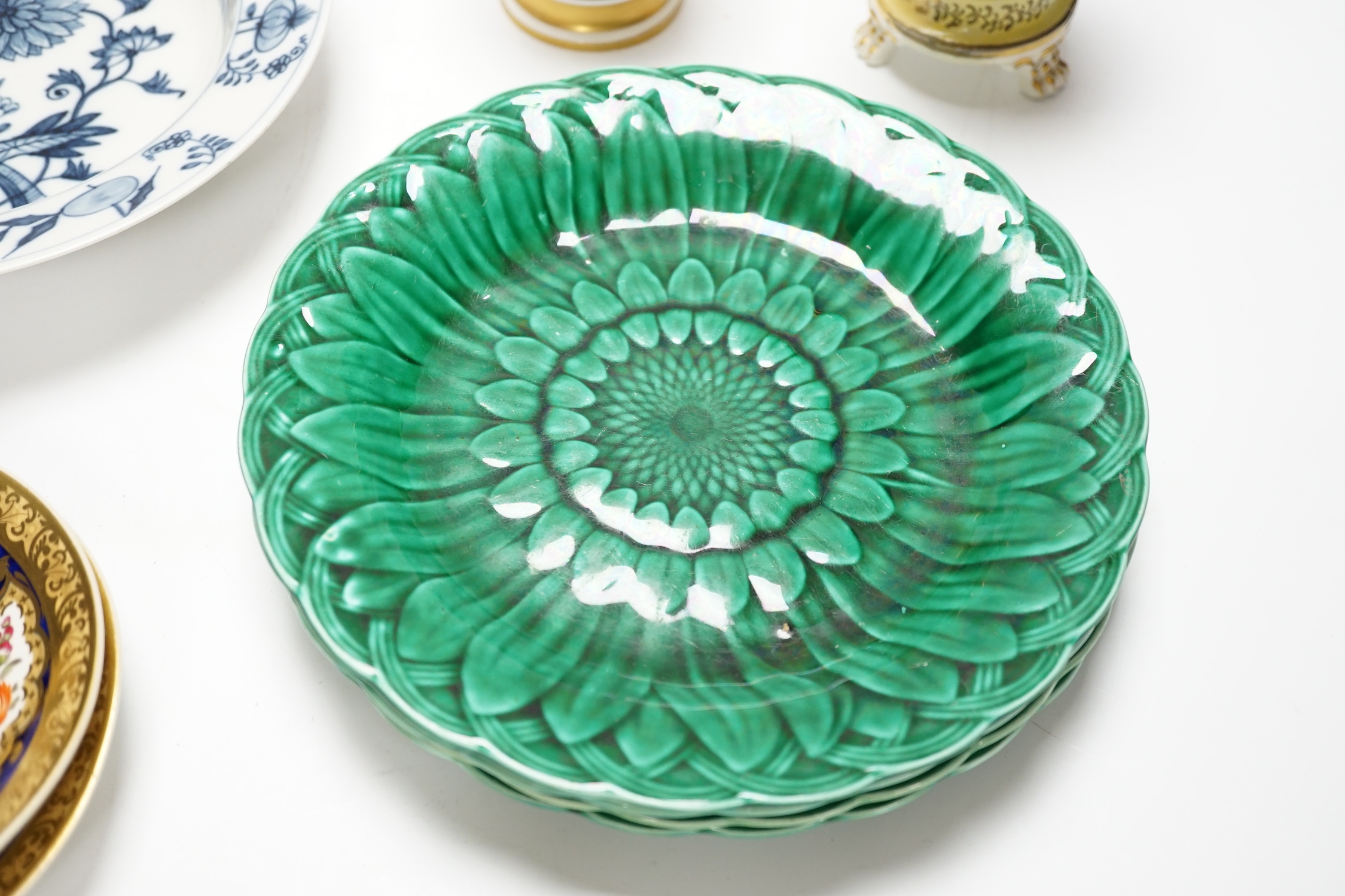 Four Victorian greenware plates, two Spode style vases, a pair of saucers and a blue and white plate